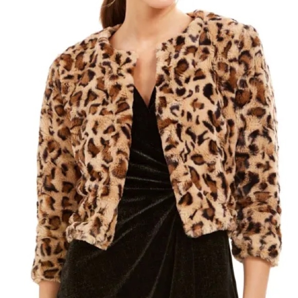 Calvin Klein Cropped Leopard Faux Fur Coat Jacket Sweater